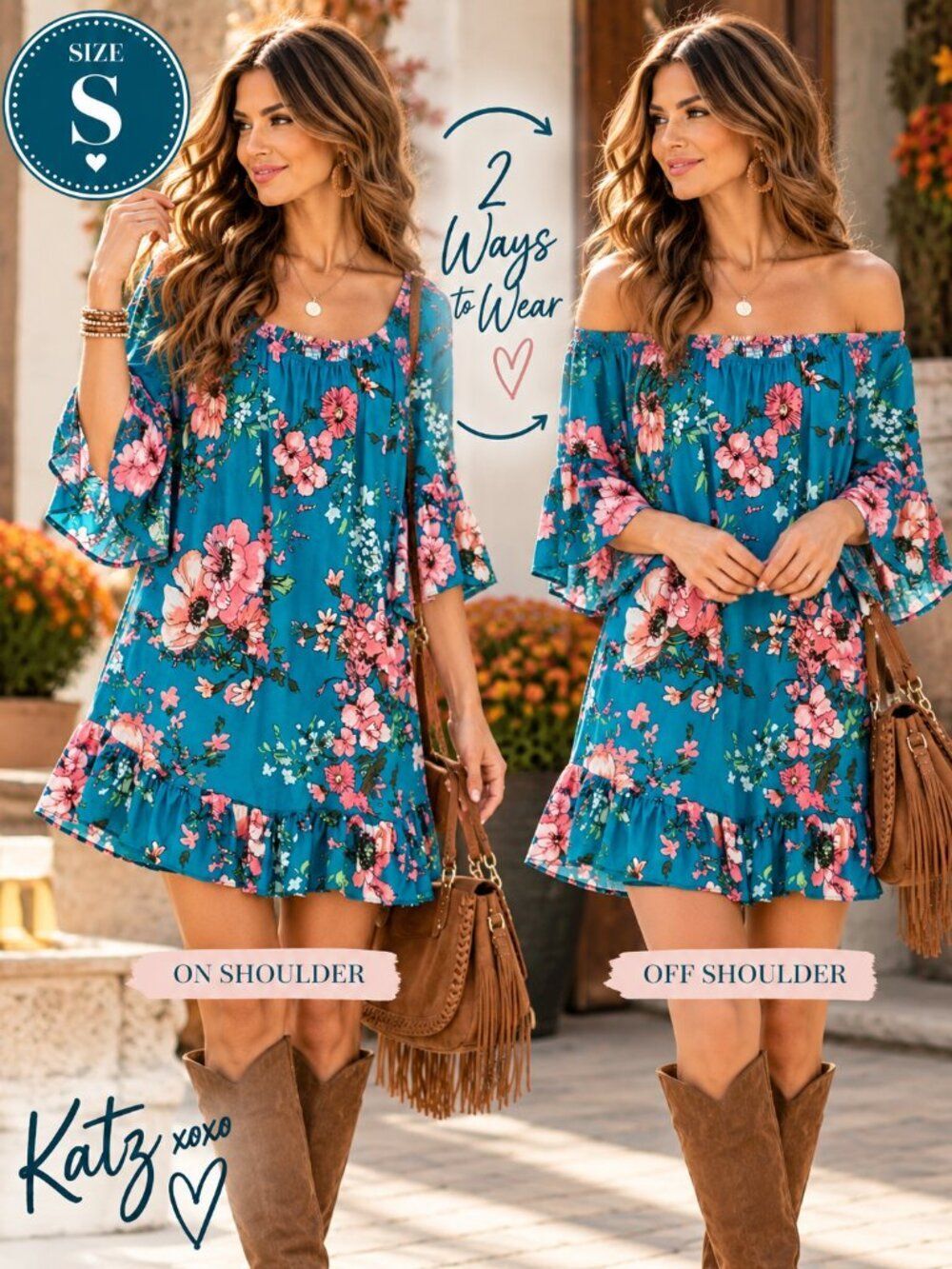 Uncle Frank Teal Pink Floral Bell Sleeve Ruffle Dress Boho Western Anthropologie